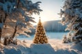 winter scene with a beautifully decorated Christmas tree