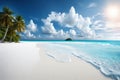 An HD image of a deserted beach with pristine white sand and crystal-clear blue waters