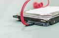 Hdd disk and red sata cable for data storage and close-up photo Royalty Free Stock Photo