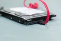 Hdd disk and red sata wire on light background, data storage Royalty Free Stock Photo