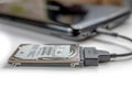 Hdd 2.5 internal hard drive disk connected to laptop via sata usb cable closeup view Royalty Free Stock Photo