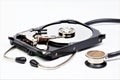 HDD and stethoscope. The internal device of the hard drive is ready for diagnosis and repair.