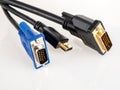 Hdmi, DVI, VGA video cables, connection of screens, monitors, displays, projectors, analog and digital interfaces Royalty Free Stock Photo