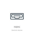 Hdmi icon. Thin linear hdmi outline icon isolated on white background from electronic devices collection. Line vector sign, symbol Royalty Free Stock Photo