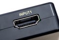 HDMI Input 1 port female connector macro, extreme closeup on a generic black electronic device. Simple digital video interface Royalty Free Stock Photo