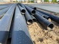 HDPE High Density Polyethylene pipe for water supply at construction site construction of a water supply system plastic pipes
