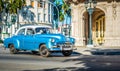 HDR - American blue classic car with white roof drived on the main street in Havana City Cuba - Serie Cuba Reportage