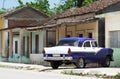 HDR Cuba blue american Oldtimer parked for a house Royalty Free Stock Photo