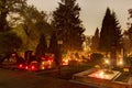 HDR long exposure night image of Vitkovice cemetery with decorations and candles burning on graves during the All Saints Day in CZ Royalty Free Stock Photo