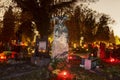 HDR long exposure night image of Vitkovice cemetery with decorations and candles burning on graves during the All Saints Day in CZ Royalty Free Stock Photo