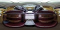 Hdr panorama 360 view in interior of passenger compartment inside a railway carriage with double-decker berths and mattresses in