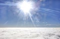 HDR photo of an airplane wing against the blue sky with a cloud cover underneath and brigh shining sun in in front of it