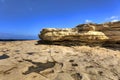 HDR photo of a sunny day at the sea coast with deep blue clean water and a nice stone beach and vegetation growing there Royalty Free Stock Photo