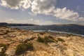 HDR photo of a sunny day at the sea coast with deep blue clean water and a nice stone beach and vegetation growing there Royalty Free Stock Photo