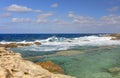 HDR photo of a sunny day at the sea coast with deep blue clean water and a nice stone beach and vegetation growing there Royalty Free Stock Photo