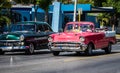 HDR two beautiful vinatge cars on the street in Varadero taxi in Cuba