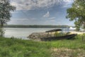 HDR Wooden fishing boat on the Danube river shore Royalty Free Stock Photo