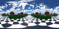 HDRI. Maze garden. Chess, trees, red flowers, clouds in the sky. Alice in wonderland theme. Full spherical panorama 360 degrees. Royalty Free Stock Photo