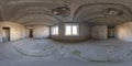 360 hdri panorama in abandoned interior of large empty room as warehouse or hangar with windows with dampness and black-green mold Royalty Free Stock Photo