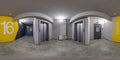360 hdri panorama in corridor near the elevators of metal service lift room on 16 floor in equirectangular spherical seamless