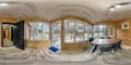 360 hdri panorama inside interior of entrance hall with banquet table in wooden vacation eco homestead in forest in full seamless