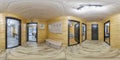 360 hdri panorama inside interior of entrance hall and corridor in wooden vacation eco homestead in full seamless equirectangular