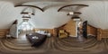 360 hdri panorama in interior of wooden eco bedroom in rustic style homestead on mansard floor with rafter ceiling in
