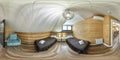 360 hdri panorama in interior of wooden eco bedroom in rustic style homestead on mansard floor with rafter ceiling in