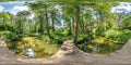 360 hdri panorama on path in ravine among deciduous forest near river and bridge in equirectangular spherical seamless projection Royalty Free Stock Photo