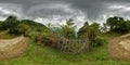 360 hdri panorama on serpentine path near old wooden fence in high in mountains among deciduous forest in equirectangular Royalty Free Stock Photo