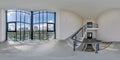hdri 360 panorama view in empty modern hall near panoramic windows with columns, staircase and doors in full equirectangular Royalty Free Stock Photo