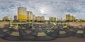 360 hdri panorama view outdoor exercise equipment gym among modern residential complex with skyscrapers and high-rise buildings in