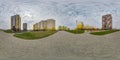 360 hdri panorama view with skyscrapers in new modern residential complex with high-rise buildings in townwith overcast sky in