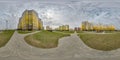 360 hdri panorama view with skyscrapers in new modern residential complex with high-rise buildings in townwith overcast sky in