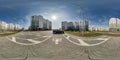 360 hdri panorama view with skyscrapers in new modern residential complex on parking for people with disabilities in Royalty Free Stock Photo