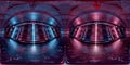 HDRI panoramic view of dark blue pink spaceship interior. High resolution 360 degrees panorama reflection mapping of a futuristic Royalty Free Stock Photo