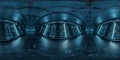 HDRI panoramic view of dark blue spaceship interior. High resolution 360 degrees panorama reflection mapping of a futuristic