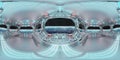 HDRI panoramic view of white blue spaceship interior with windows. High resolution 360 degrees panorama reflection mapping of a