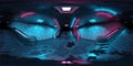 Hdri of realistic underground subway stationbBackground with wet floors. Futuristic metro interior with blue and pink glowing neon Royalty Free Stock Photo