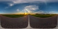 Hdri seamless spherical 360 panorama on asphalt road among fields in summer evening sunset with awesome clouds in equirectangular Royalty Free Stock Photo