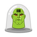 Head of alien in glass jar for experiments. Green humanoid with