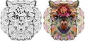 Zentangle stylized head alpaca. Hand drawn decorative vector illustration for coloring on mandala. Color and outline set