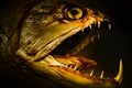 Head of an ancient fossil fish with an open jaw and large teeth, blurred background