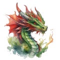 Head of an ancient green-red dragon. Mythological creature. Chinese ethnic beast, zodiac symbol of 2024 New Year. Dragon for