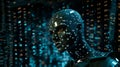 Head of an android covered and surrounded by digital computer matrix binary code Royalty Free Stock Photo