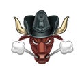 Head of an angry bull with horns in a cowboy hat. Cartoon style. A bull releases steam from his nostrils. Vector illustration Royalty Free Stock Photo