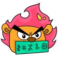Head angry face with burning fire cursing. doodle icon drawing