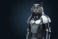 The head of an animal on a human body, the head of a cat in knightly armor. modern design, magazine style Royalty Free Stock Photo