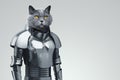The head of an animal on a human body, the head of a cat in knightly armor. modern design, magazine style Royalty Free Stock Photo