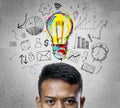 Head of Asian Businessman Thinking Colorful Light Bulb Sketch Business Concept Background Royalty Free Stock Photo